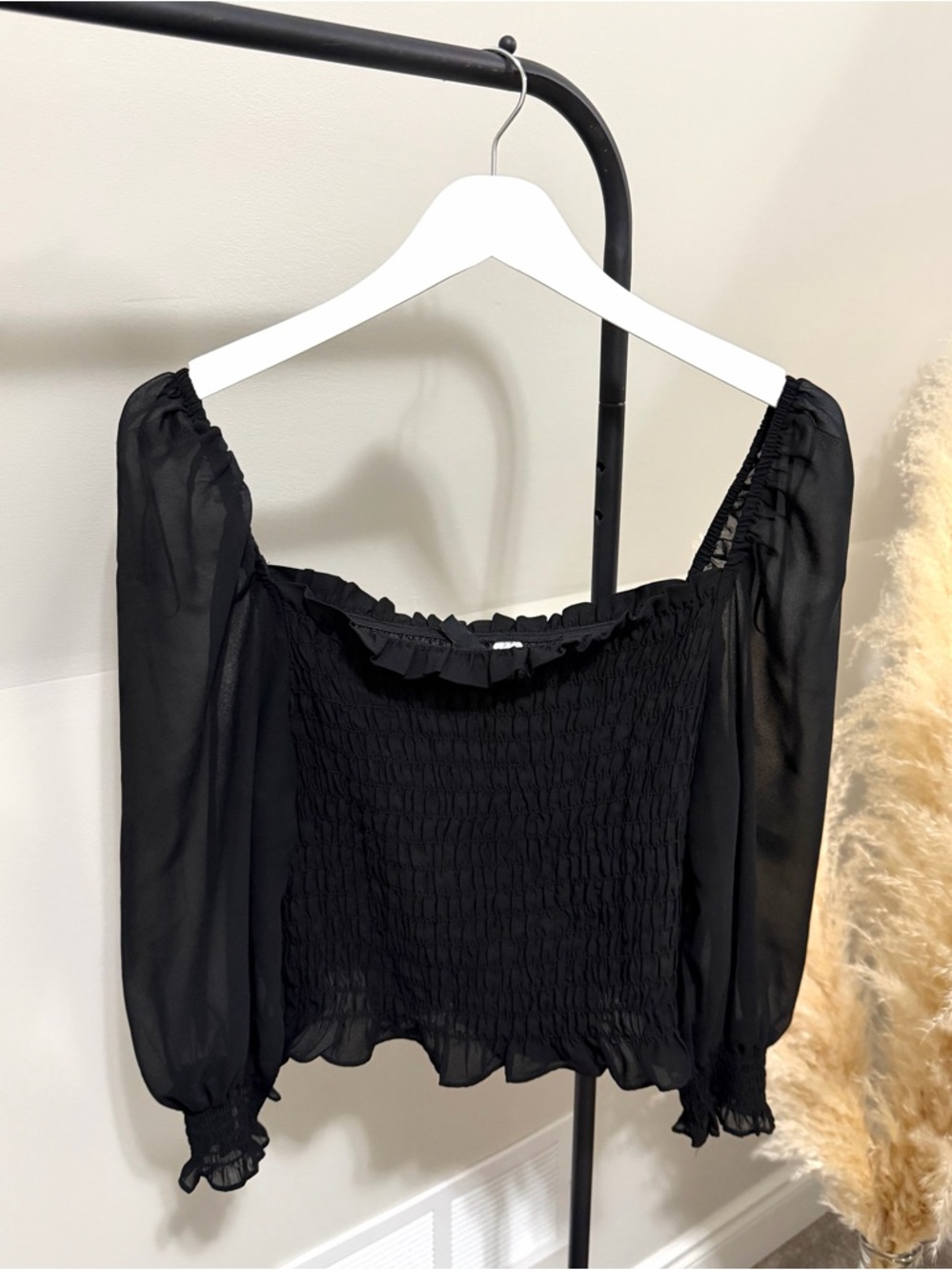 H&M Smocked Off-Shoulder Crop Top – Sheer Puff Sleeves